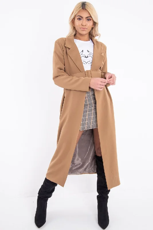 Camel Longline Tailored Belted Coat - Joelle Casual Jackets Winter