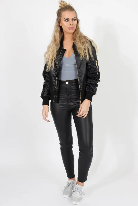 Black Satin Bomber Jacket - Neve Wrap Coats Winter