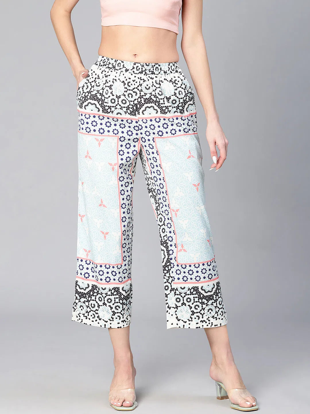 Women multicolor abstract scarf print elsticated polyester pants Printed unclassified dresses