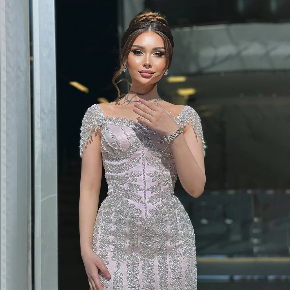 Serene Hill Customize 2025 Pink Elegant Mermaid Beaded Saudi Arabic Evening Dresses Gown For Formal Occasion LA72787 Off-shoulder unclassified dresses