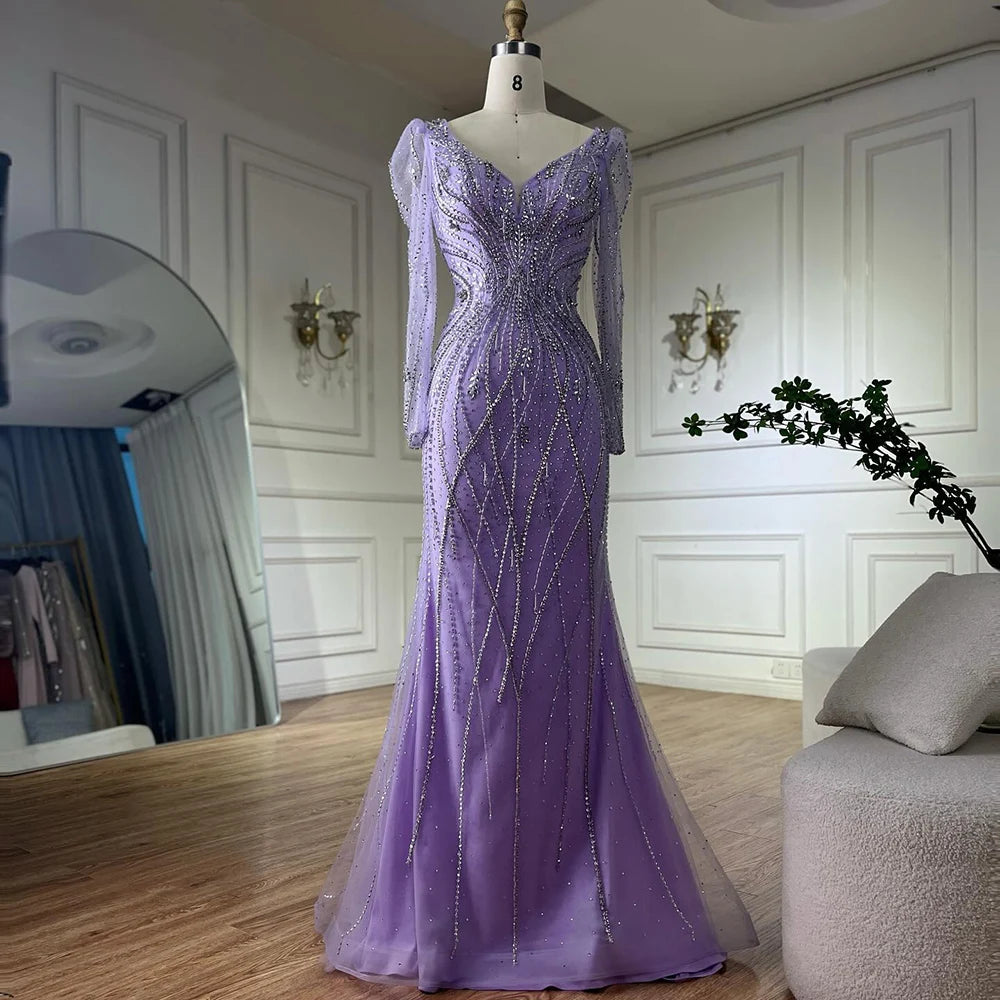 Serene Hill 2025 Customized Muslim Elegant Lilac Beaded Mermaid Evening Gown for Formal Occasion LA72827 Polka dot unclassified dresses