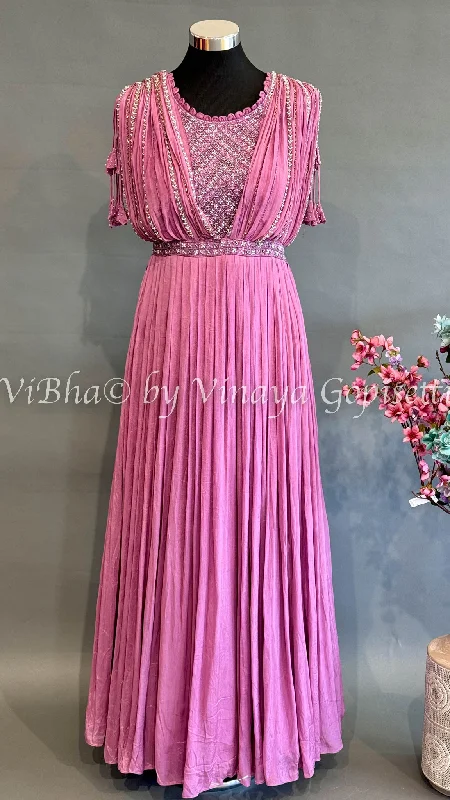 Dark Pink Crushed Floor Length Gown With Embroidered Yoke Short unclassified dresses