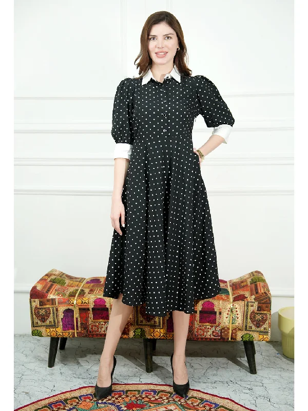 Black Polyester Exploration Polka Dress With Pockets Velvet unclassified dresses