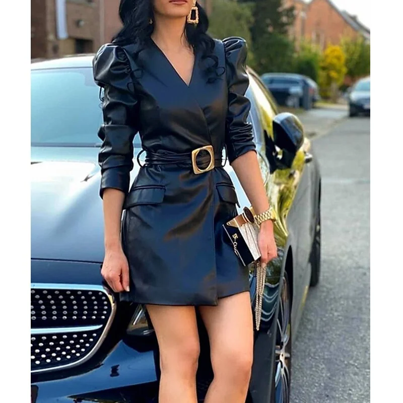 Lizakosht Women's PU Office Dress Women's Sexy Slim Belt High Waist Slim Dress Fashion Puff Sleeve V-neck Solid Color Dress Sleeveless unclassified dresses