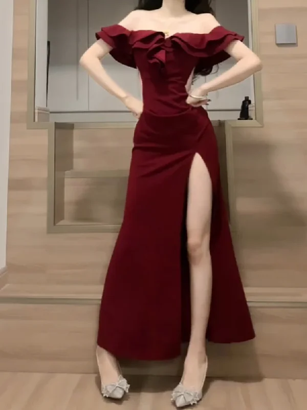 Cinessd Sexy Sheath Off The Shoulder Burgundy Slit Holiday Prom Dresses Night Dress Birthday Outfits SD1218 Dark color unclassified dresses