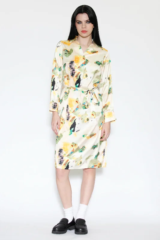 Silk Art Print Beige Button-Down Dress Halter unclassified dresses