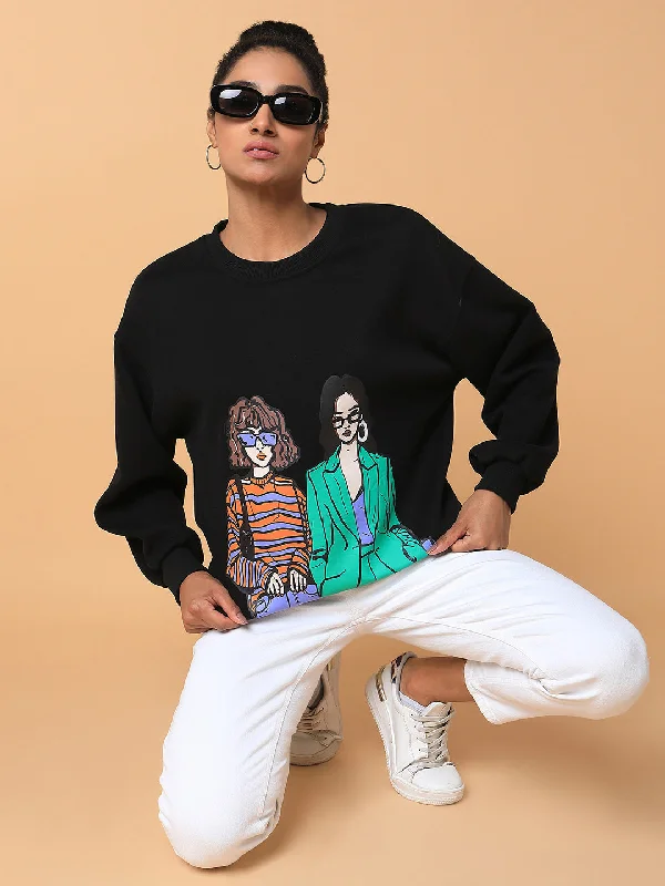Women Graphic Black Oversized Pullover-6312-Black High-low unclassified dresses