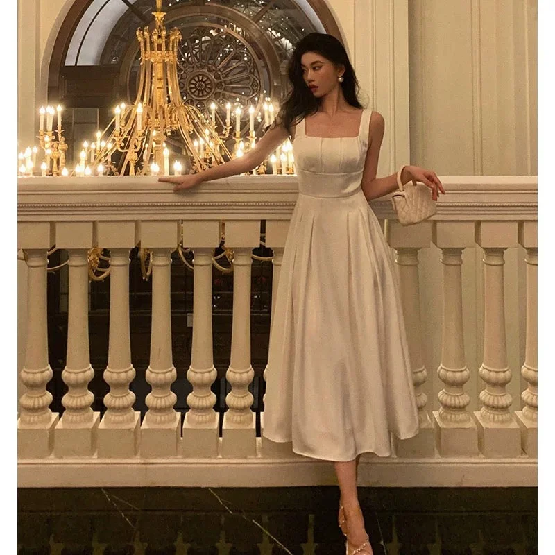 Cinessd Sexy A line Square Neckline White Satin Prom Dresses Birthday Outfits Evening Gown SD1003 Smocked unclassified dresses