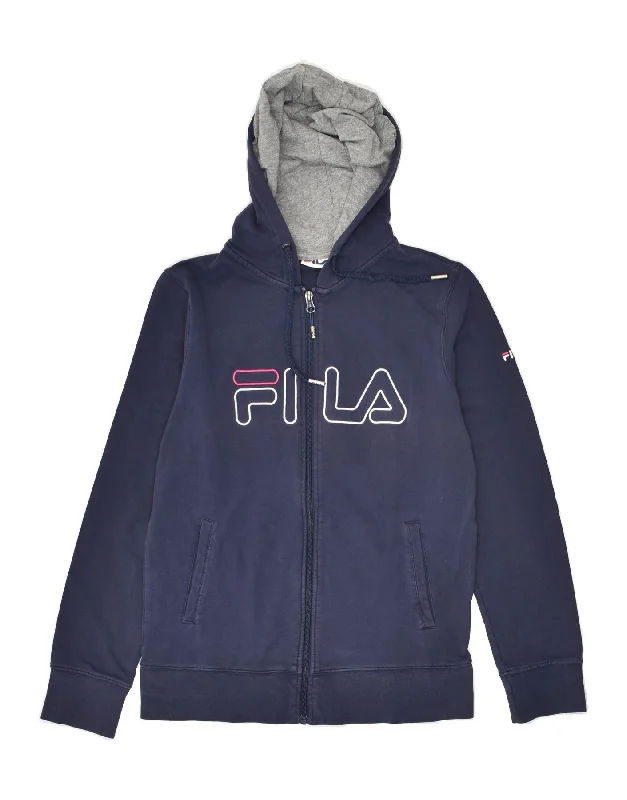 FILA Womens Graphic Zip Hoodie Sweater UK 14 Large Navy Blue Cotton Women's sweaters