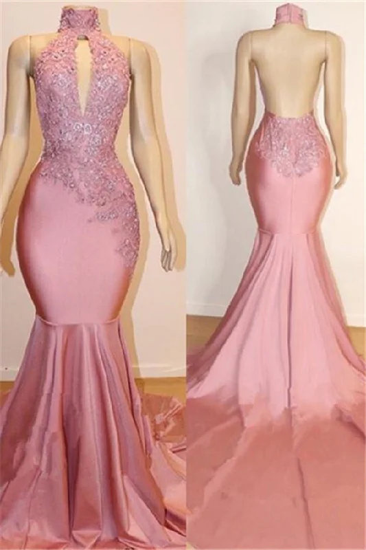 Halter Backless Mermaid Appliques Long Train Prom Dresses Flattering maxi dresses for all body types