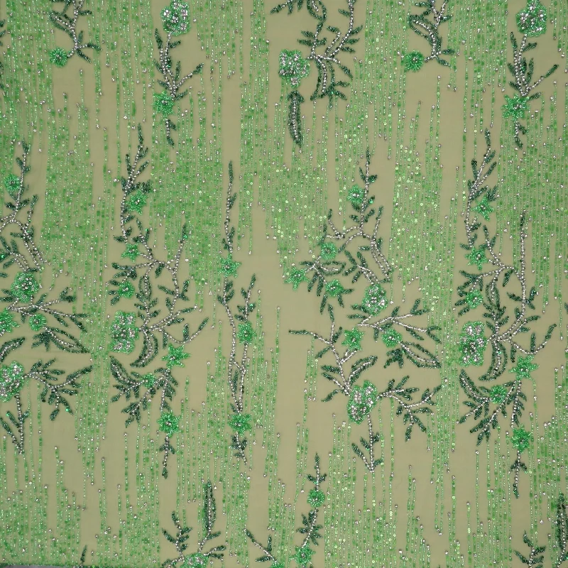 Neon Green Abstract Floral Sequins and Beads on Embroidered Tulle Fabric Ruffled floral dresses