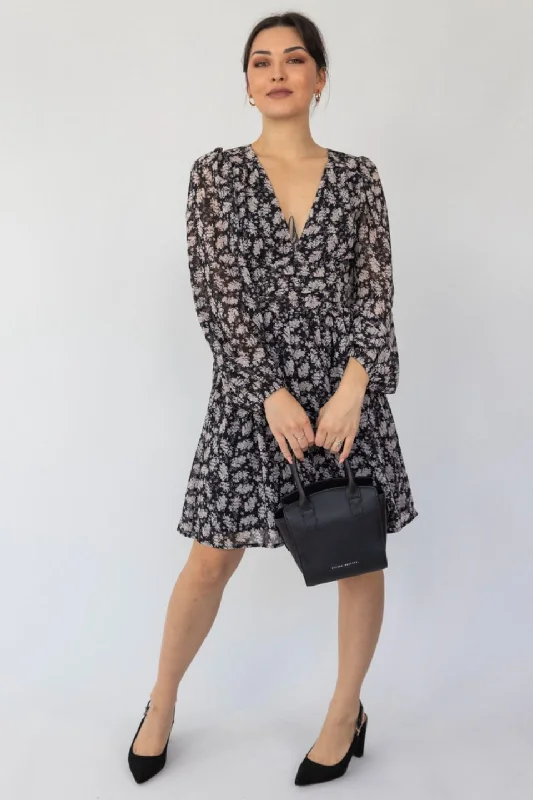 Always Possible Cherry Blossom Balloon LS V Neck Tie Waist Mini Dress--High-waist Denim Skirt